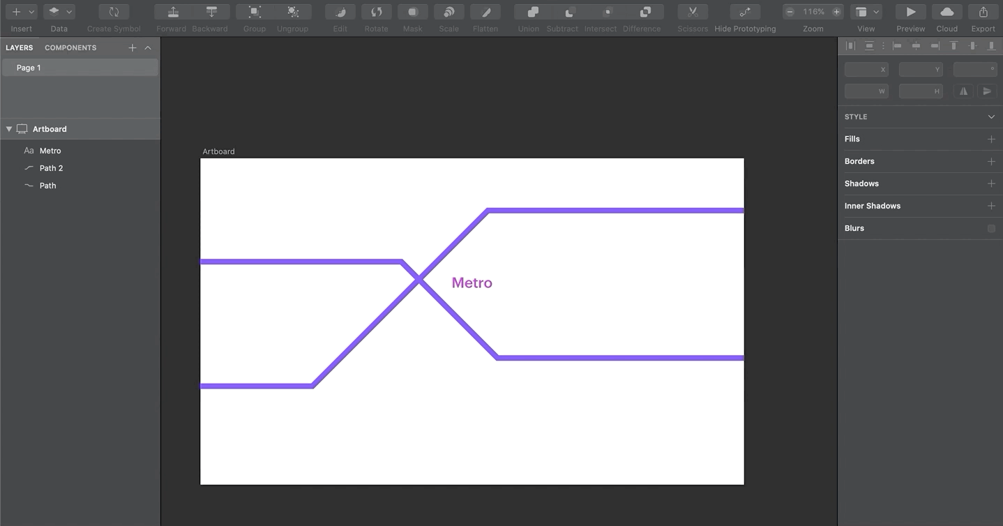 A GIF describing how to add text to a path in Sketch.