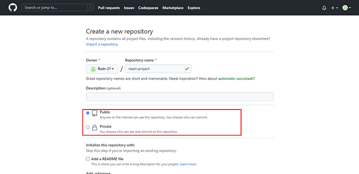 Create new repository page, choose public or private.