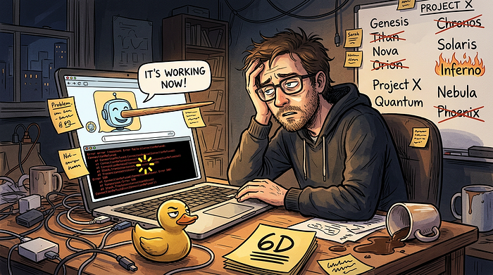 Image 3: Tired developer, lying AI, skeptical rubber duck. The duck sees everything.