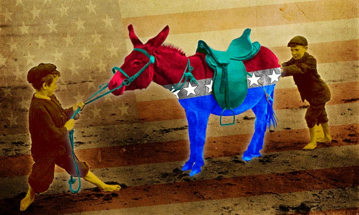 A humorous 1920 postcard depicting two small boys trying to move a donkey by pulling and pushing it. The donkey has been colorized with the motifs of the Democratic Party mascot. The background has a faded US flag superimposed over it.