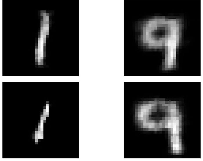 A black and white grid showing the original handwritten numbers 1 and 9 from the MNIST data set, and their reconstruction images, as generated from the variational autoencoder