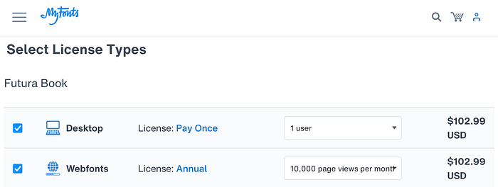 A screenshot of the MyFonts website, stating the license fee of one desktop user and one annual license fee of the Futura font.
