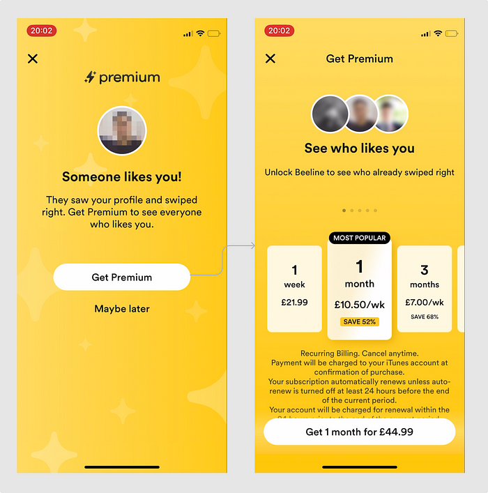 Screenshot of Bumble’s full screen pop up promoting see who likes you