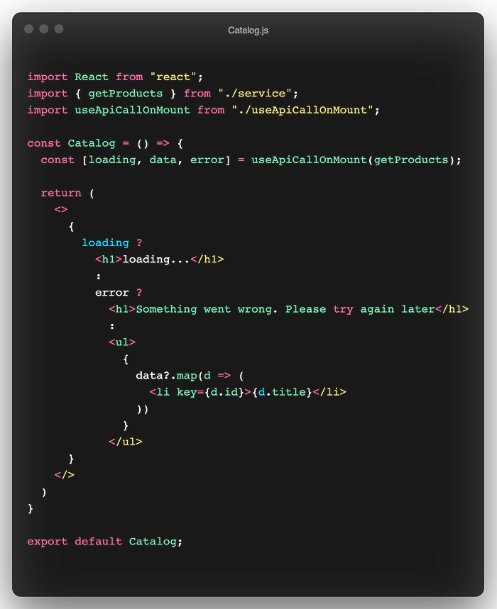 Catalog component using useApiCallOnMount custom hook