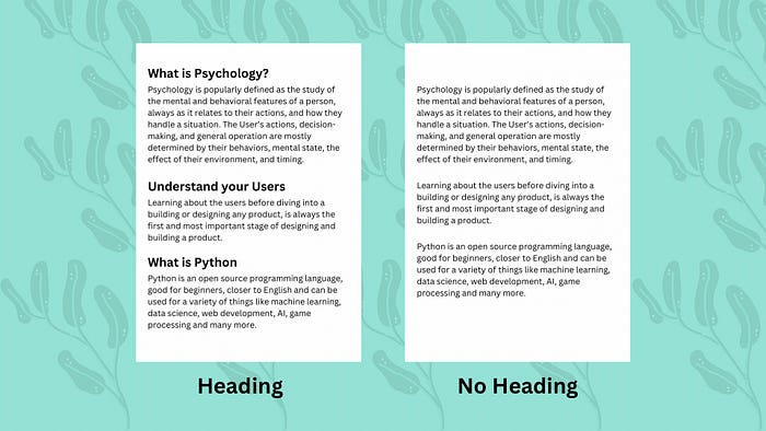A page with headings and one without a heading compared