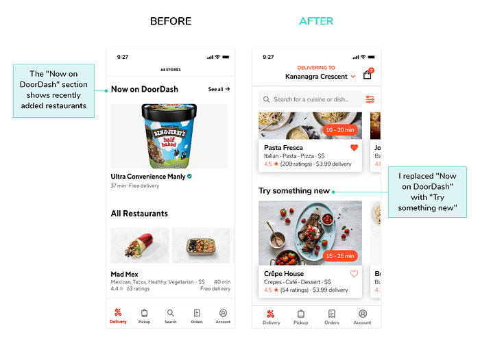 ‘Now on DoorDash’  section on Home Screen — Before and after