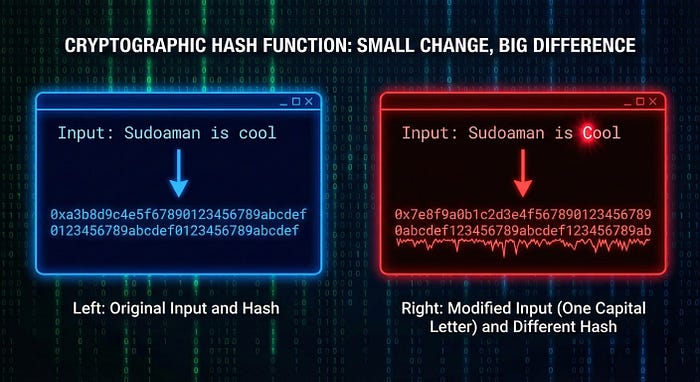 A split-screen diagram showing how changing one capital letter in an input string results in two completely different cryptographic hash values.