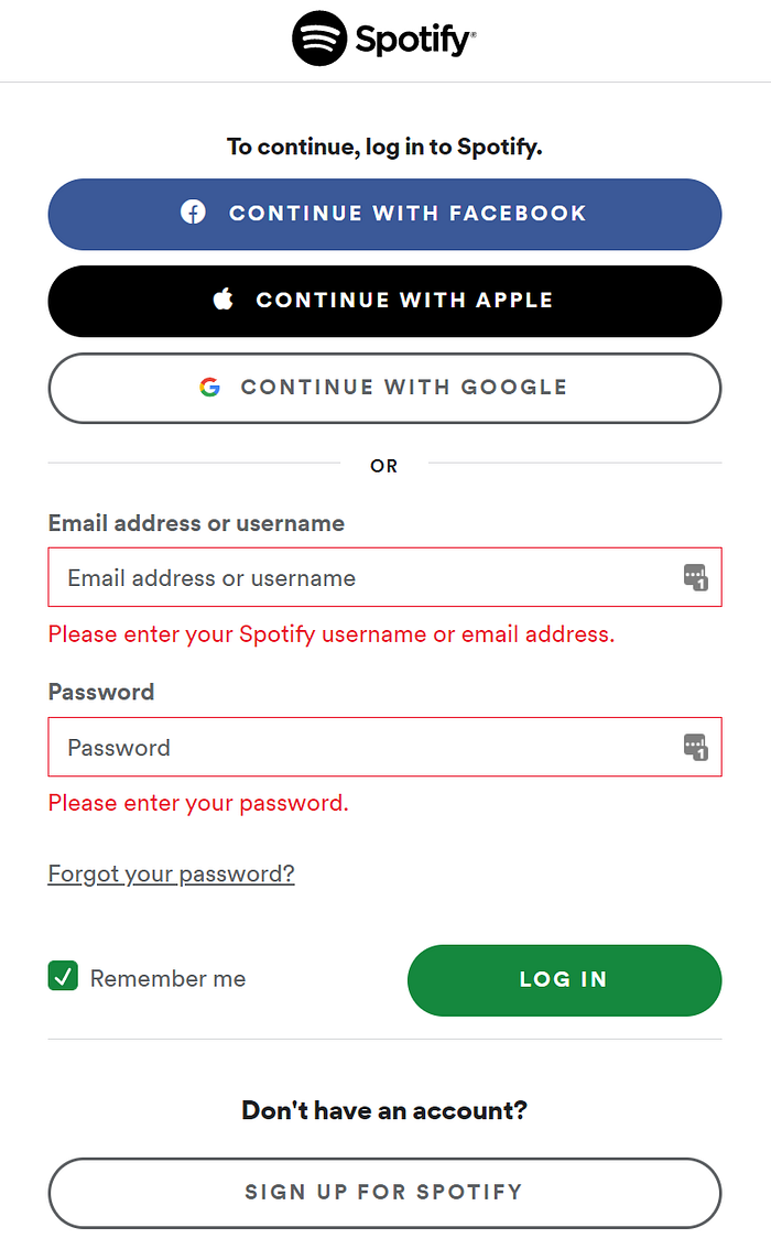 Screen Capture of Spotify Login Survey