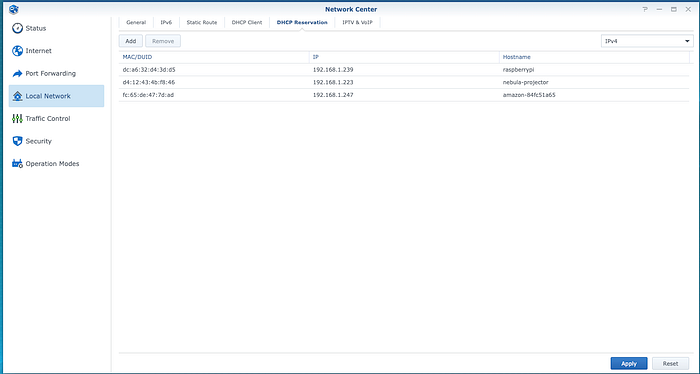 Screenshot of DHCP Reservation router configuration
