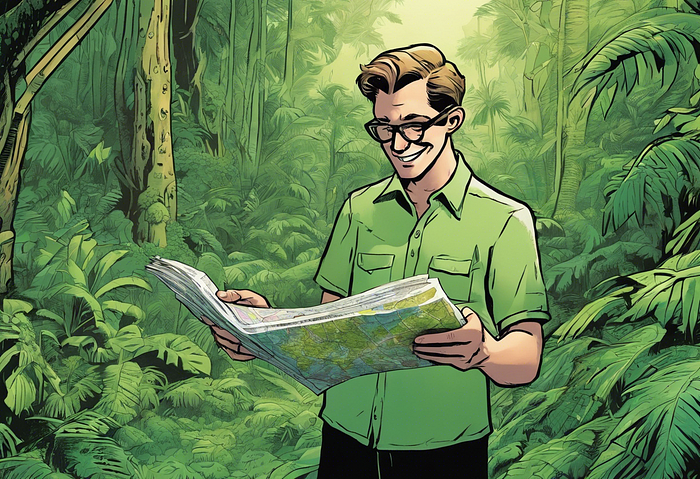 Adult man smiling at a map in the middle of the jungle