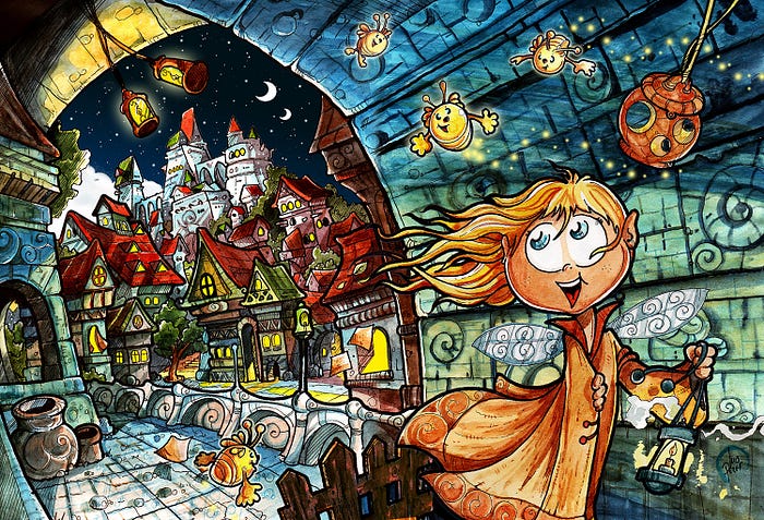 Fantasy art featuring a cartoon elf at night in a medieval city. Drawing tutorial.