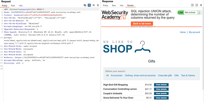 Image 1 — SQL Injection UNION Attack — Determining the Number of Columns Returned By Query
