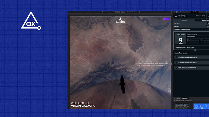 A screenshot of the axe DevTools Chrome extension in use evaluating the homepage of the Virgin Galactic website.