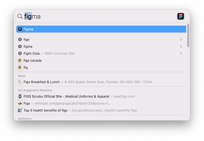 A screenshot of the macOS Spotlight Search showing a search input of “fig” and the search bar autocompleting “figma” with a list of suggested searches in a dropdown below.
