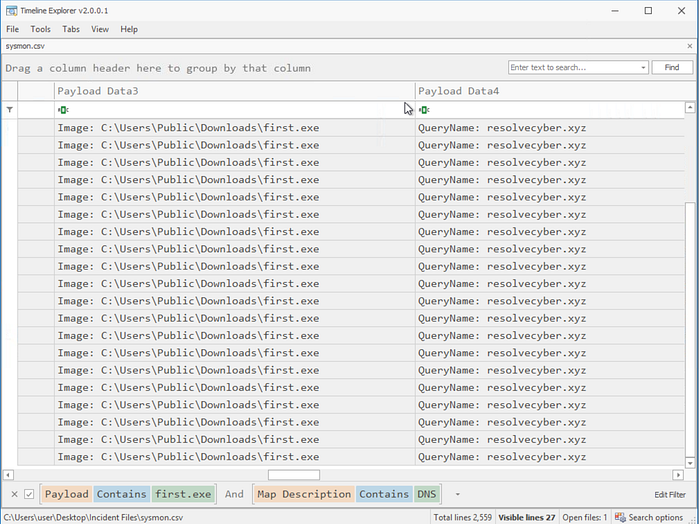 Timeline Explorer showing DNS queries made by first.exe processes, showing an interesting domain of resolvecyber[.]xyz.