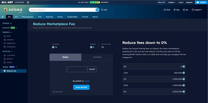 A screenshot of SolSea $AART staking page with reduced fees before the update