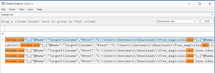 Timeline Explorer sysmon logs showing download of a .doc.