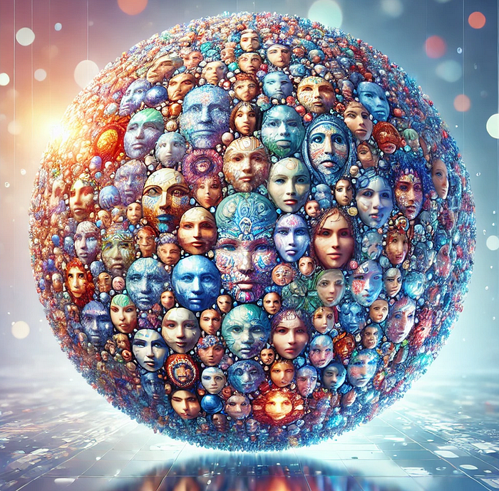 A sphere of countless human faces, reflecting the world back to itself — technology as a mirror of our shared human story. Image generated with DALL·E