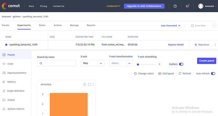 screenshot of experiment in Comet platform