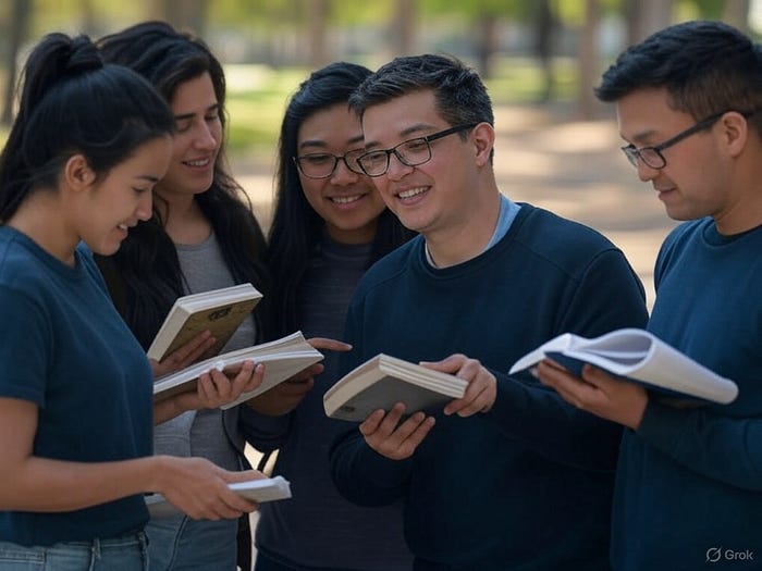 Siempre hay magia al compartir lecturas en grupo Grupo de amigos mostrando sus lecturas — creada con la IA de Grok/X