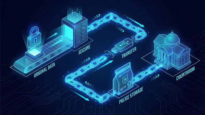 An isometric flowchart illustrating the digital chain of custody from original data source to seizure, transfer, storage, and final presentation in court, connected by an unbroken chain.