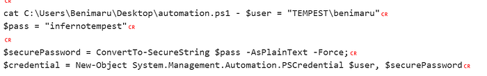CyberChef decoded commands showing automation.ps1 and its password infernotempest.
