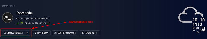 Showing where to locate ‘Start AttackBox’ button. It is highlighted in red