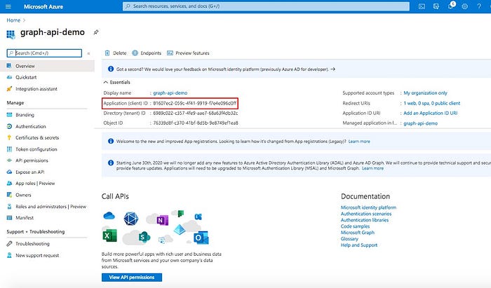 Azure Active Directory App Registration showing Client ID — Cloudatica example