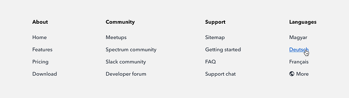 A footer component with links to the website in other languages