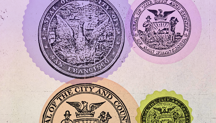 Archival memo of old city seals, with colorful circles decoratively overlaid on top