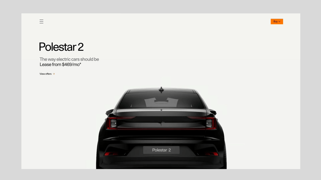 A screen recording of Polestar website, the top part of product detail page for Polestar 2. There are a product name, short description, and a car image. And the car image has scroll image animation. When the page is scrolled, the car turns on its backlight and rotate to show the front side of the car.