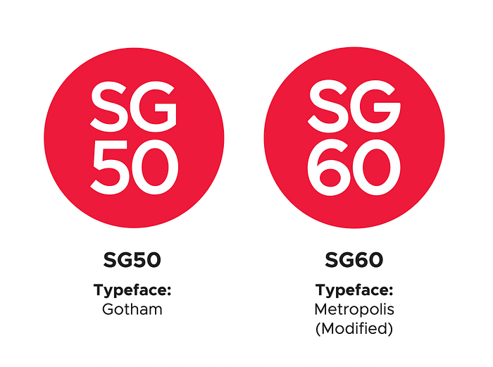Two logos; the left logo shows a red circle with the term ‘SG50’ over it in white, formatted in the Gotham font. The right logo shows a red circle with the term ‘SG60’ over it in white, formatted in a modified Metropolis font.
