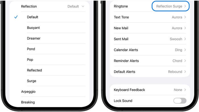 Alternate versions of Reflection ringtone in iOS 26 — Buoyant, Dreamer, Pond, Pop, Reflected, Surge.