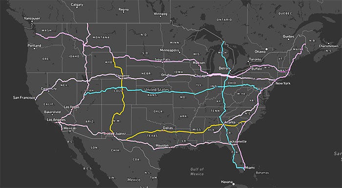 Guns from Atlanta, lower right, can be easily and quickly transported to major population centers around the country (map courtesy of Interstate-map.com using publicly avaiable date from Open Street Map)