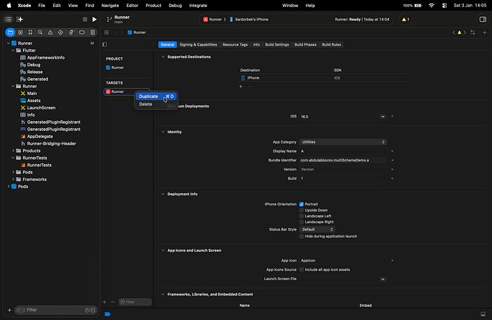 duplicating guide of existing Runner target in Xcode