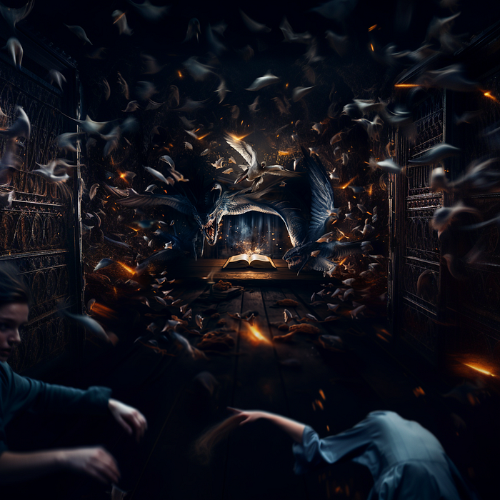 Midjourney zoom out feature, A girl escaping from the dragon and many birds flying out from the magical book
