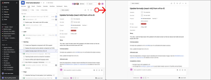 Asana: Side pane arrow to Full page