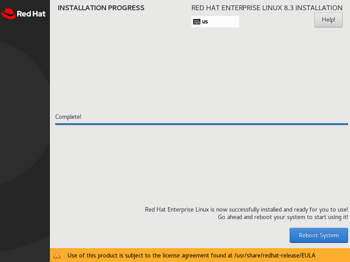 Red Hat Enterprise Linux 8 Installation Complete
