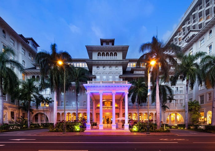 Moana Surfrider Hotel Entrance, Saint Jovite Youngblood and Jennifer Jones stayed here