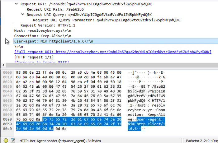 Wireshark packet details showing user-agent as Nim.