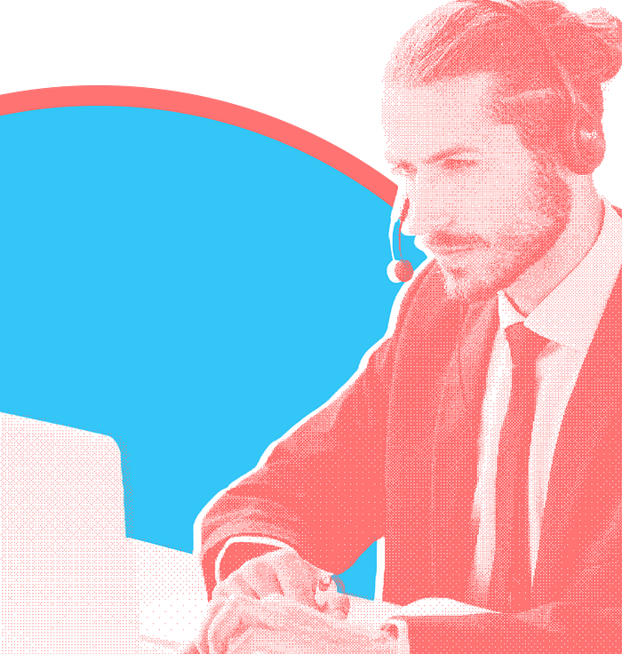 An edited image of a man, wearing a call center headset, typing on his laptop.