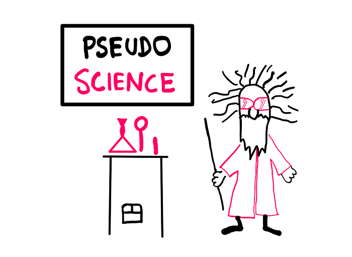 What Happened To The Hermit Scientist? — An illustration showing a crazy-looking mad-scientist like figure on the right with sunglasses, split hair, and a pole in the hand. On the right, you can see a table with scientific equipment. Above this, a label saying “Pseudo Science” is placed.
