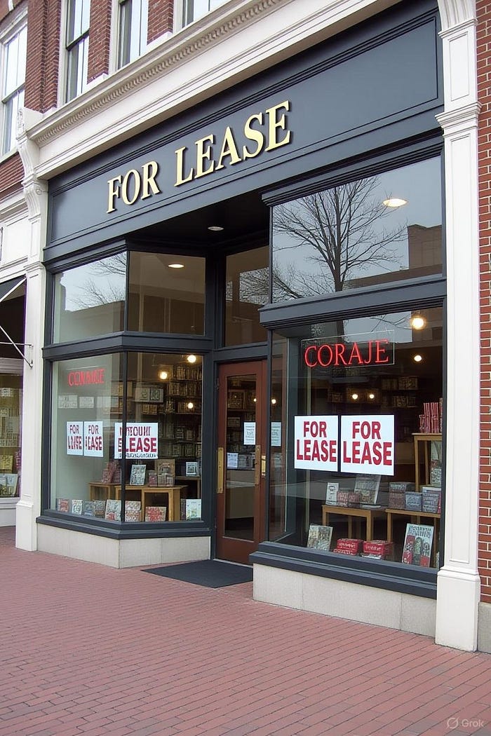 A downtown area with “For Lease” signs in windows of shops that used to cater to tourists