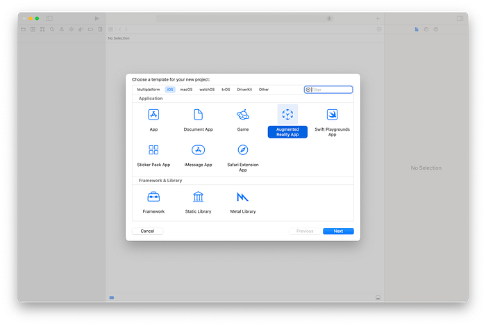 The project template screen in Xcode, with the “Augmented Reality” app template selected.