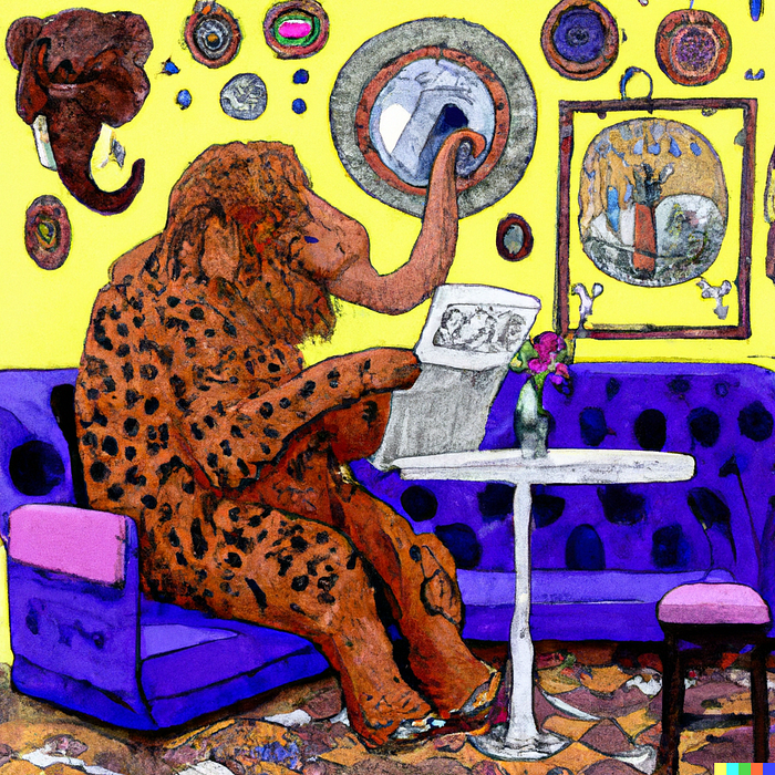 A mastodon reading a newspaper at a cafe in the style of Gustav Klimt