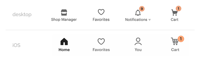 Icons from both the desktop and iOS versions of Etsy.