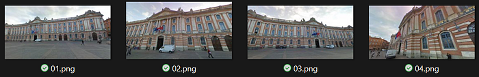 A grid of four low-quality, distorted screenshots taken from Google Street View, showing the facade of the Capitole building in Toulouse, used for an AI 3D reconstruction experiment.