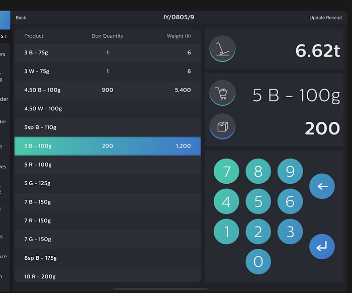 Shows a user-input interface containing a number keypad with cells in a tableview displaying number values