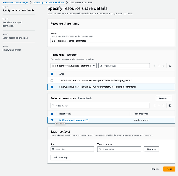 A screenshot from Resource Access Manager sharing the parameter — “Specify Resource Share Details” section